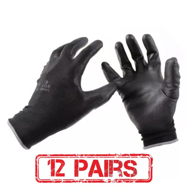 12 Pairs - BLACK NYLON PU GRIP Safety Work Gloves Builders Gardening Mechanic