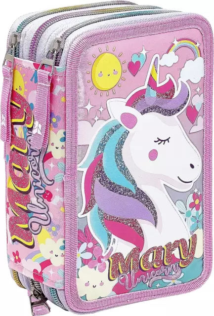 Unicorno Mary Astuccio Triplo Riempito Bambina, 45 Accessori Scuola Elementare,