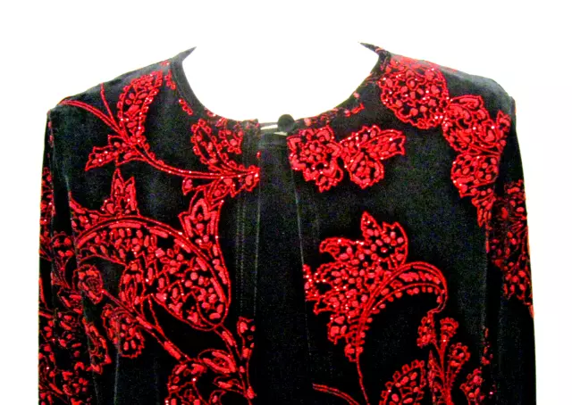 Velvet Twin Set Cardigan sz M Black with Red Floral Glitter Party