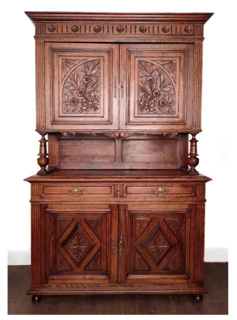 Stunning French Art Nouveau Influenced Oak Buffet & Hutch Cabinet C. 1890