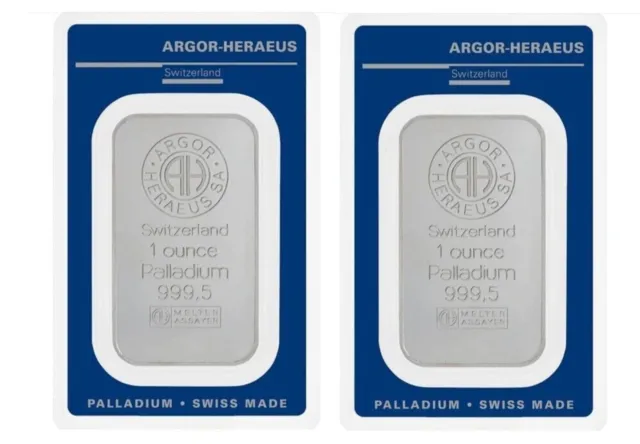 Lot of 2 - Argor Heraeus 1 oz .9995 Fine Palladium Suisse Bar - In Assay