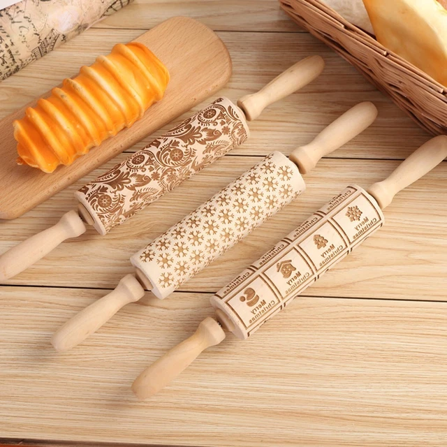 Rodillo de madera en relieve galletas para hornear masa de masa de Navidad rodillo herramienta de Navidad