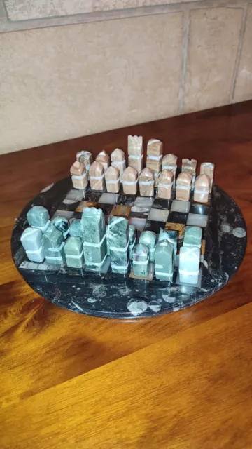 Jeu D'échecs Complet (32 Pièces) En Marbre , Échiquier Gris Veiné Blanc 26 Cm