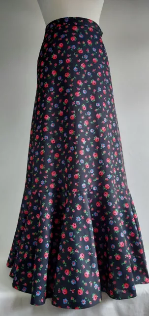 Vintage 1970s St Michael Black Floral Tiered Long Maxi Skirt Size 12, Waist 24"