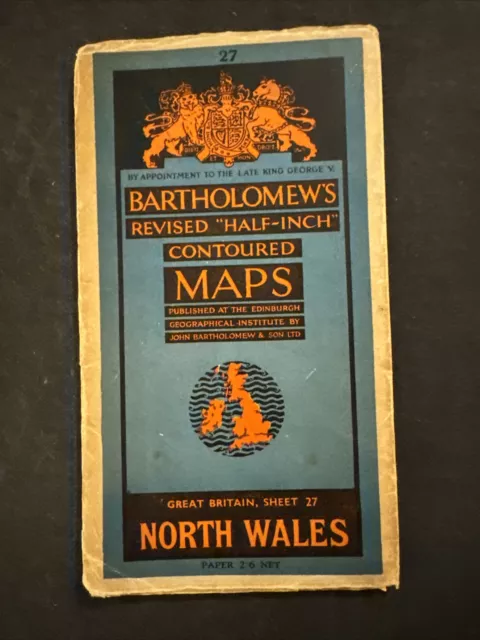 Vintage folding map "Bartholomews revised half inch contured map of North Wales