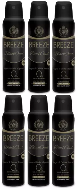 6x BREEZE BLACKOUD - DEODORANTE SPRAY UOMO - LEGNO DI CEDRO E SPEZIE - 150ml