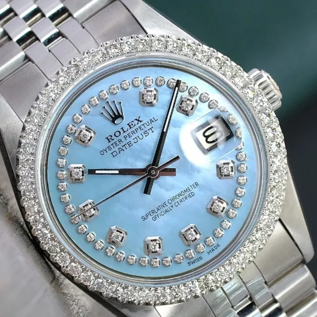 Rolex Mens Datejust  Steel Blue Mop Diamond Dial Diamond Bezel 36Mm Watch 16234