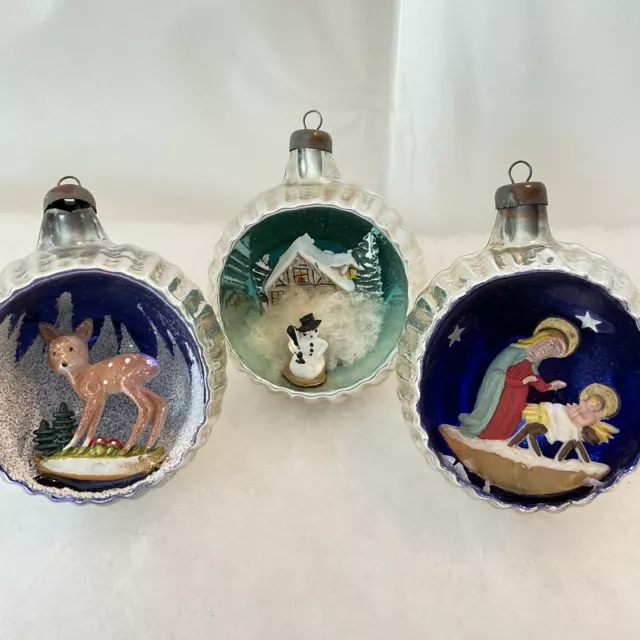 Vintage Christmas Mercury Glass Diorama Indent Ornaments Lot Of 3 Italy