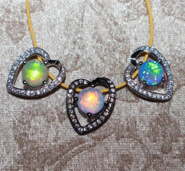 fire opal Cz necklace pendant gems black silver jewelry modern heart cocktail N6