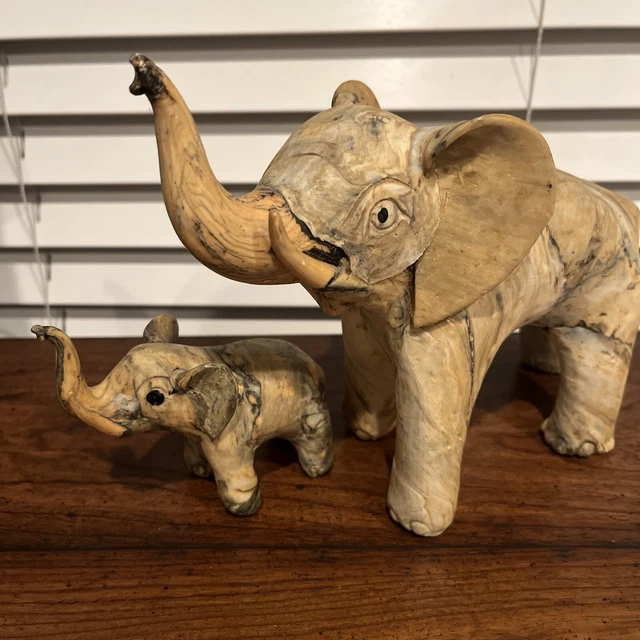Pair Crushed Oyster Shell Elephant Figurines Phillipine Folk Art Trunks Up Lucky
