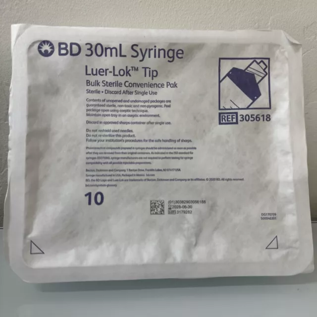 30mL PACK of 10 LUER LOCK STERILE SYRINGES 30cc Sterile Syringe Only No Needle