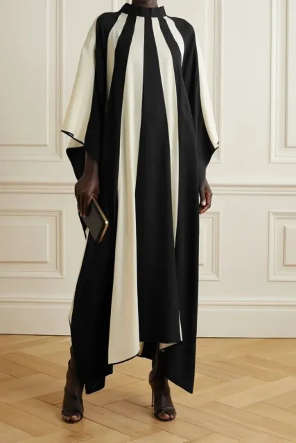 Black & White Designer Satin Silk Kaftan Islamic Robe Night Sleepwear Maxi Dress