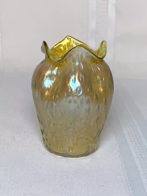 Loetz, Gold Candia Diaspora Vase, Pinched Dimpled Flower Form Nice Organic Shape
