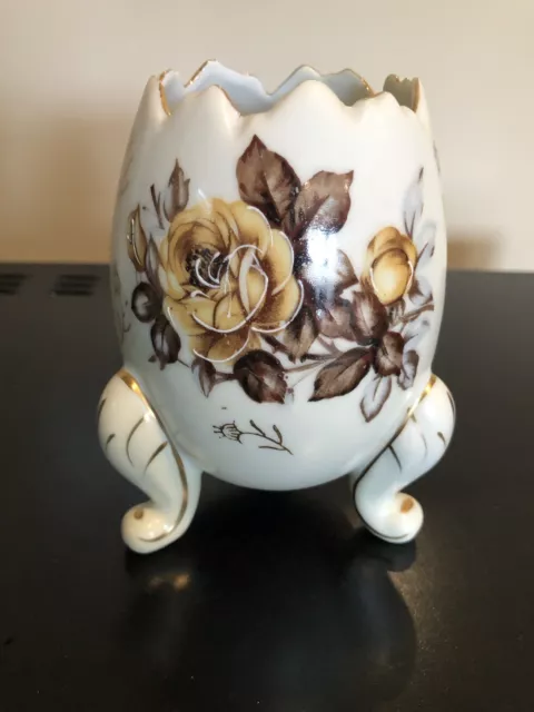 napco ware 3 footed cracked egg, porcelain vase, brown roses, japan