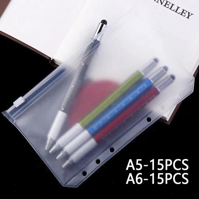 15 PCS 6 Holes Plastic Binder Pouch Folders with Zipper for File A5