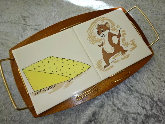 Vintage WYNCRAFT Teak Wood Cheese Board With Mouse & Cheese Tiles