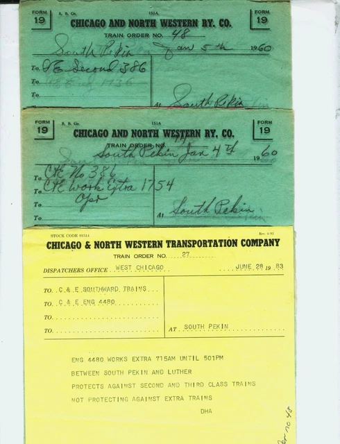 Chicago & North Western Railway Train Orders (24) South Pekin,Illinois 1960,1983