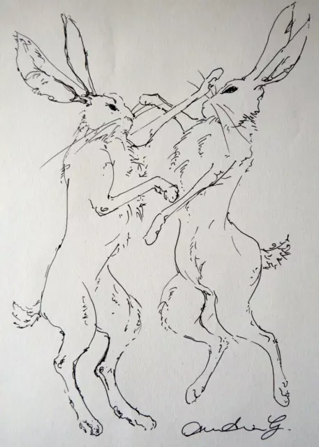 Original pen & ink drawing of two boxing hares & a pencil sketch to the reverse