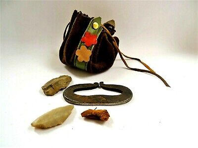 Old Primitive Flint And Steel Antique Fire Making Kit Portable Leather Pouch