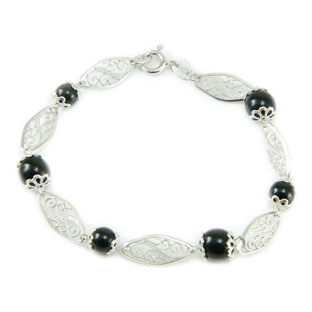 Bracciale Elastico Sardo Con Onice Nero E Su Coccu In Argento Brunito 800‰ - Portafortuna Fatto A Mano In Sardegna