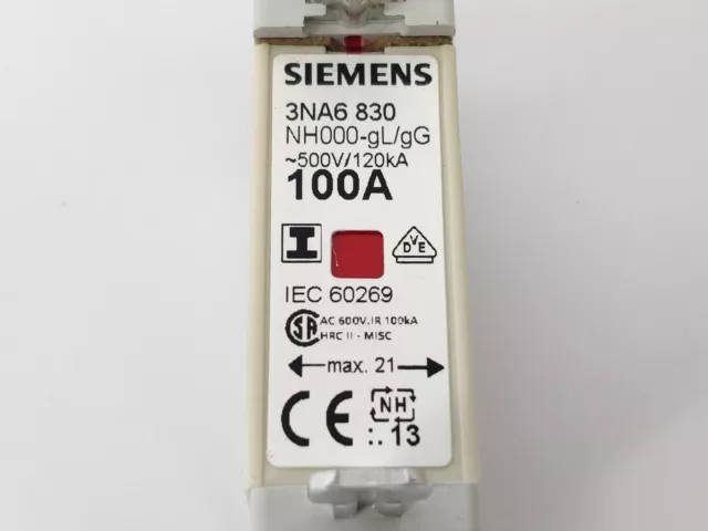 Siemens 3NA6830 Fusible NH000 100A 500V 2pcs 3