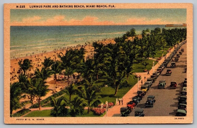 Lummus Park Birds Eye View Miami Beach Florida Palms Old Cars Shoreline Postcard