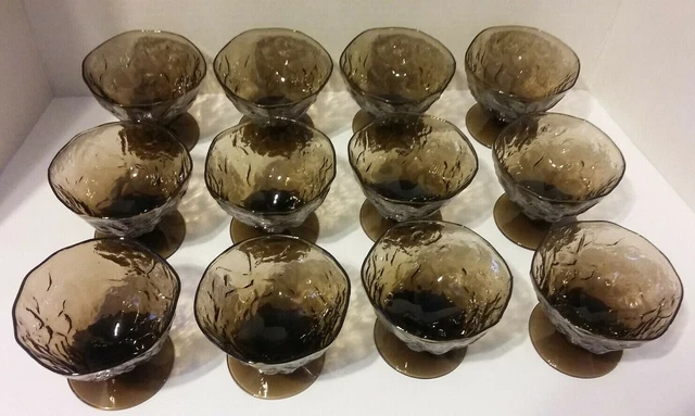 12 Vtg Morgantown Seneca Driftwood Casual Crinkle Smokey BROWN Footed Sherbets