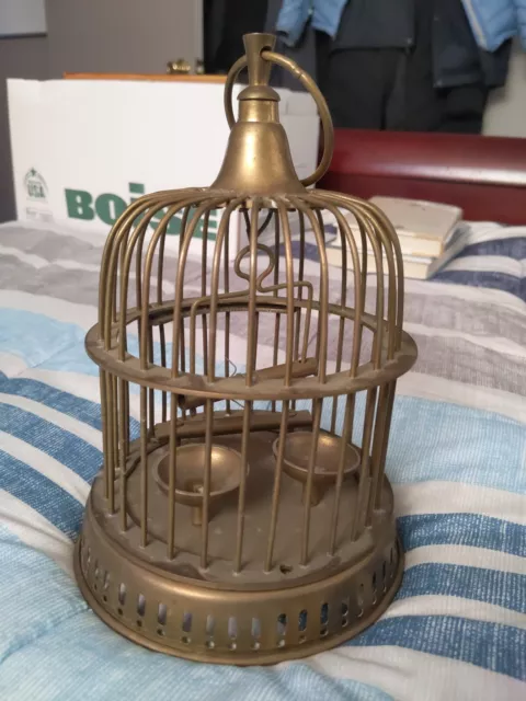 Vintage Mid Century Brass Bird Cage Hanging or Table-top Water Food Bowls Swing