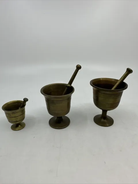 Vintage Brass Mortar Pestles Pharmacy Apothecary  Vessels (3) Heavy & Solid