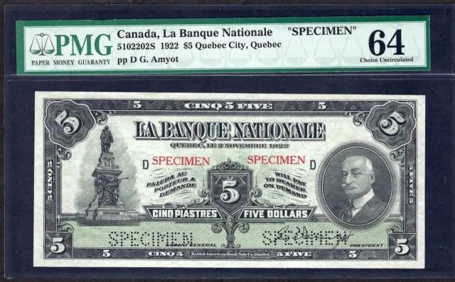Canada 1922 $5 "Specimen" ♚♚Canada, La Banque Nationale ♚♚ Pmg Ch Unc 64