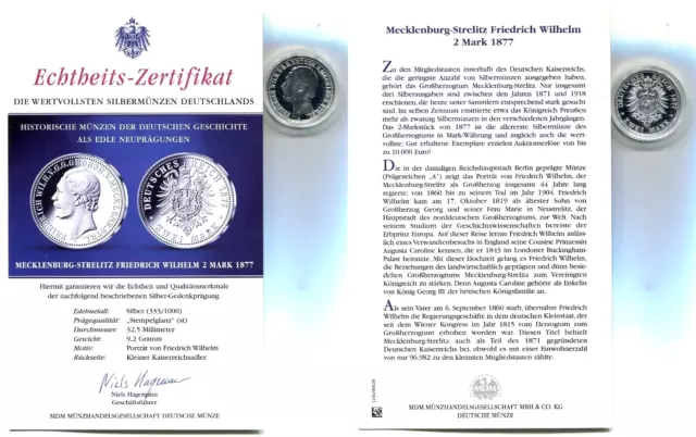 Silbermedaille "Mecklenburg Strelitz - 2 Mark 1877" in Kapsel mit Zertifikat