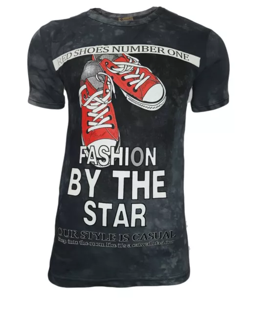 T-Shirt Uomo Maglia Mezza Manica Corta Con Stampa Nera Grigia Blu 100% Cotone