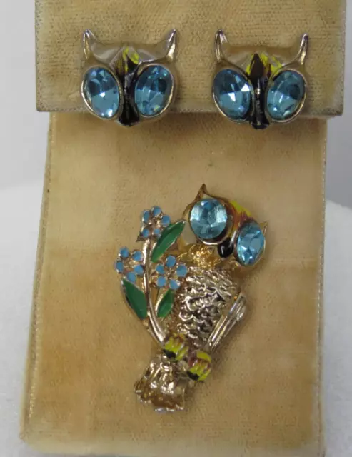 Vintage Coro Aqua Blue Eyed Owl Enamel Pin / Brooch + Earrings Set