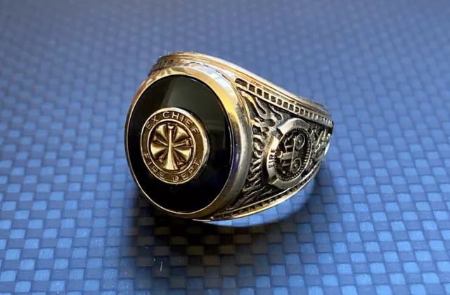 Fire Department Fireman Ex Chief 5 Horn 10kt Gold Ring Dieges & Clust Size 12.5