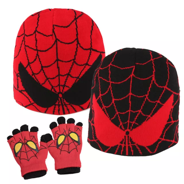 Autumn Winter Boys Cartoon Spider Man Hat and Gloves Set Knitted Beanie Skullies