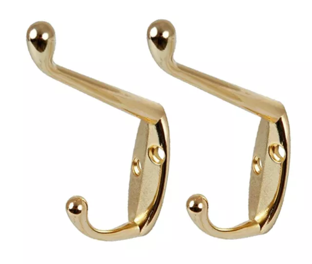 2 x Polished Brass Metal Double Hat Coat Hooks Wall Clothing Hangers Hook