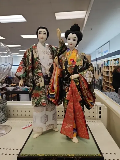 Vintage Japanese Couple Kimono Geisha Samurai Maiko Traditional 18" Craft Dolls