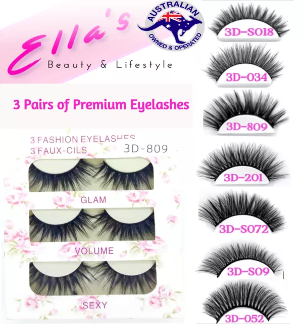 AU Stock 3 Pairs 3D Natural Thick Long Makeup Fake Eyelashes False Eye Lashes