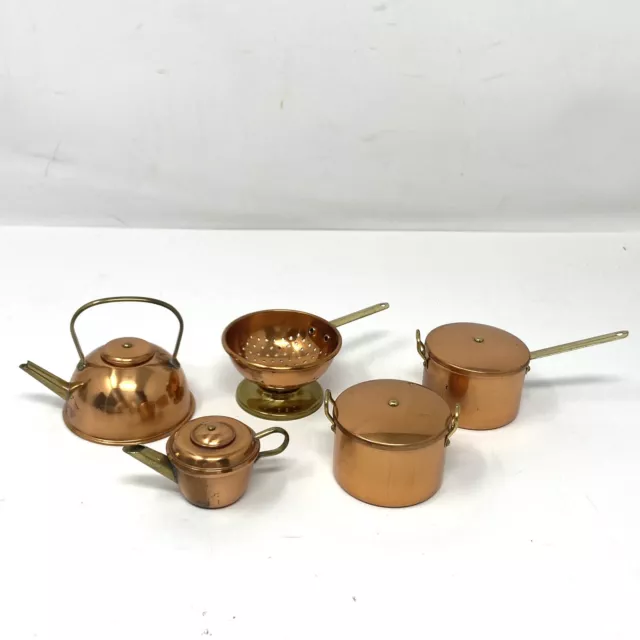 Dollhouse Miniature Copper Pots Pans Teapot Stock Pot Strainer And Lids Set 5