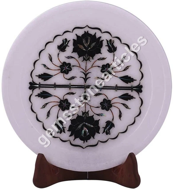 8"x8" Marble Handmade Round Plate Decorative Black Z Inlay Art Columbus Gift