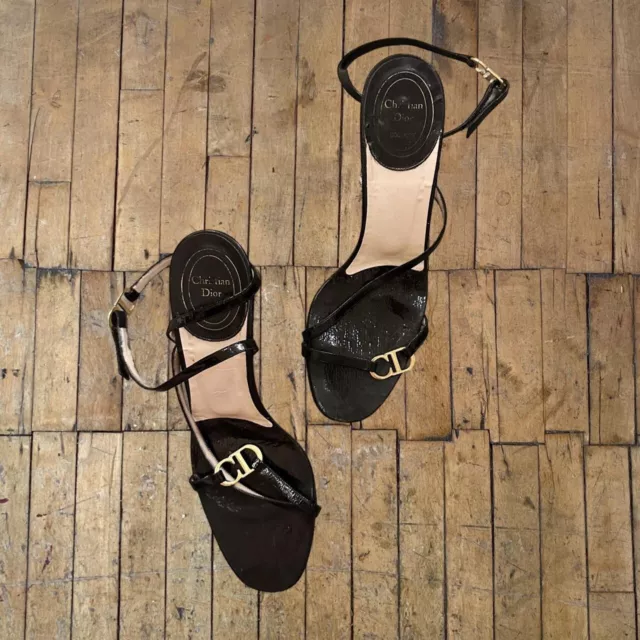 Christian Dior Womens Mule Heels Black Leather Open Toe Buckle Slip On 37.5 COA