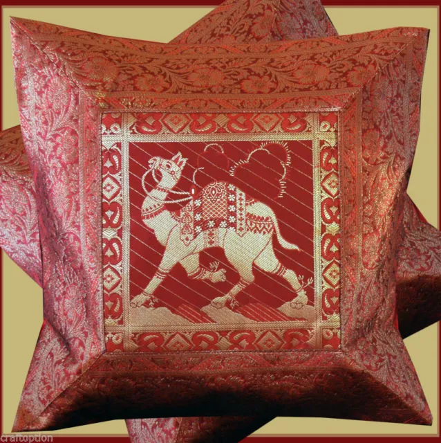 Pair (Two) Of Silk Brocade Pillow/Cushion Cover Red Golden Color From India ! !