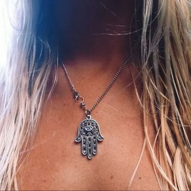 Good Luck Protection Hamsa Symbol Fatima Hand Evil Eye Pendant Necklace ---