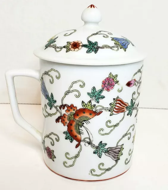 Vintage Chinese Jingdezhen Handpainted Famille Rose Porcelain Tea Mug w/ Lid
