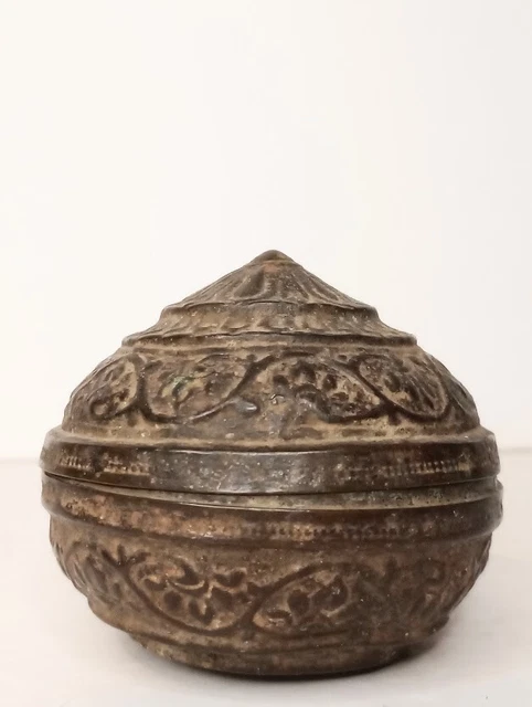 SE Asian Tooled Brass betel nut or stash box container Probably Burmese