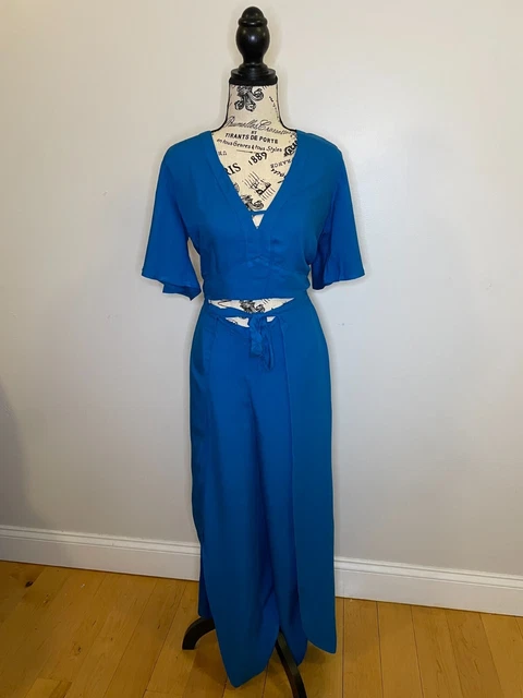 NEW Women’s Solid Blue 2 Piece Matching Set Womens Crop Top Wide Leg Slit Pants