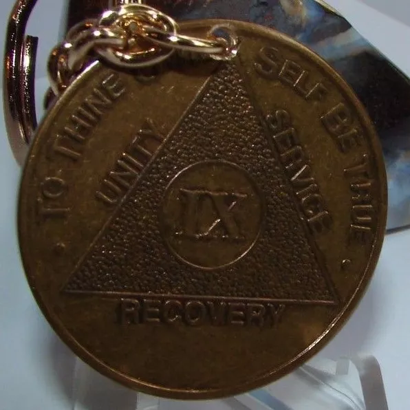 ALCOHOLICS ANONYMOUS 9 Year AA Bronze Medallion Keychain Coin Token ...