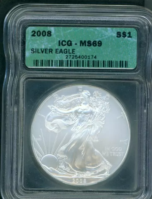 2008 ( 2008-P ) American Silver Eagle ASE  ICG MS69 S$1 MS-69 BEAUTIFUL