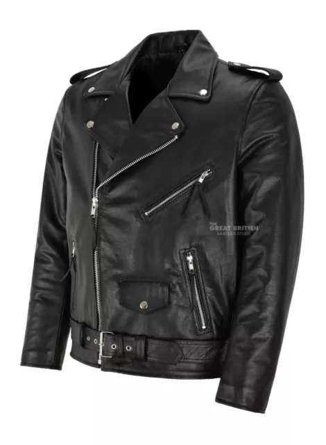 Mens Brando Leather Jacket Motorcycle Black Cowhide Marlon Biker Jacket 2