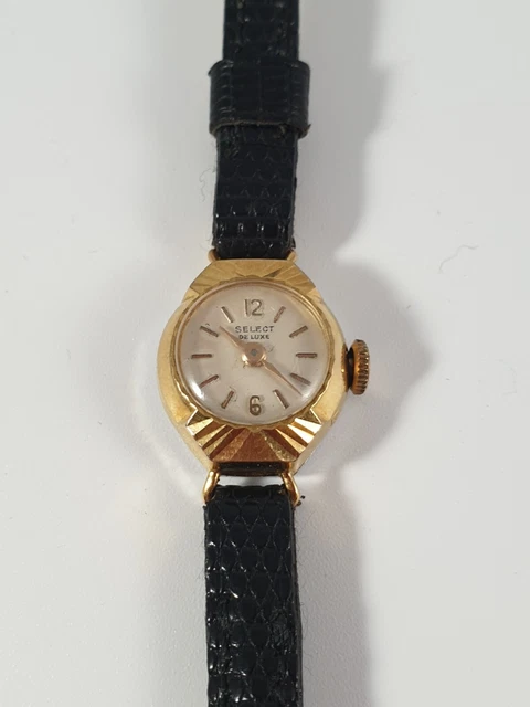 Montre Mécanique Ancienne Femme Boîtier Plaqué Or - Cadran Champagne - Bracelet Cuir Marron - Fonctionne